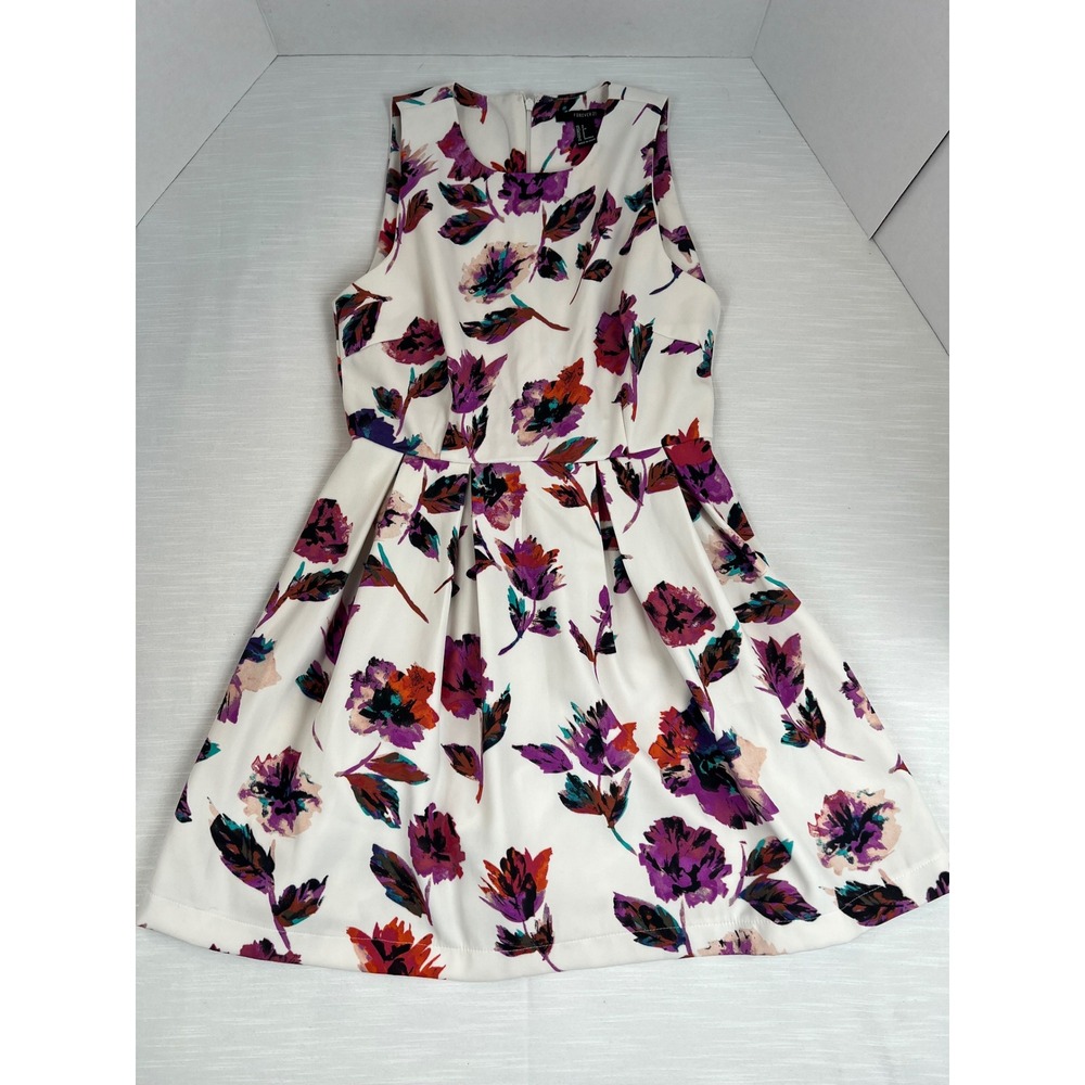 Forever 21 Womens Small White Purple Floral Sleeveless Fit & Flare Pleated Dress